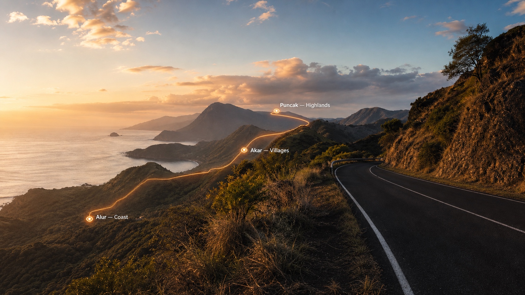 A road following the coastline through Indonesian highlands